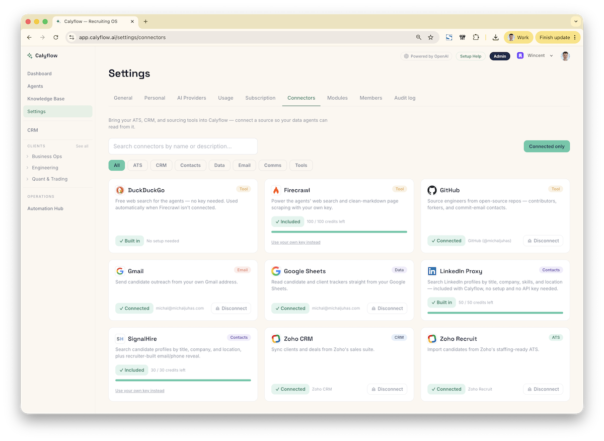 Settings → Connectors in Calyflow: a grid of connector cards including DuckDuckGo, Firecrawl, GitHub, Gmail, Google Sheets, SignalHire, Zoho CRM, and Zoho Recruit. The LinkedIn Proxy card shows a 'Built in' badge and a credit meter reading 50 / 50 credits left — no Connect button, because there is nothing to connect.
