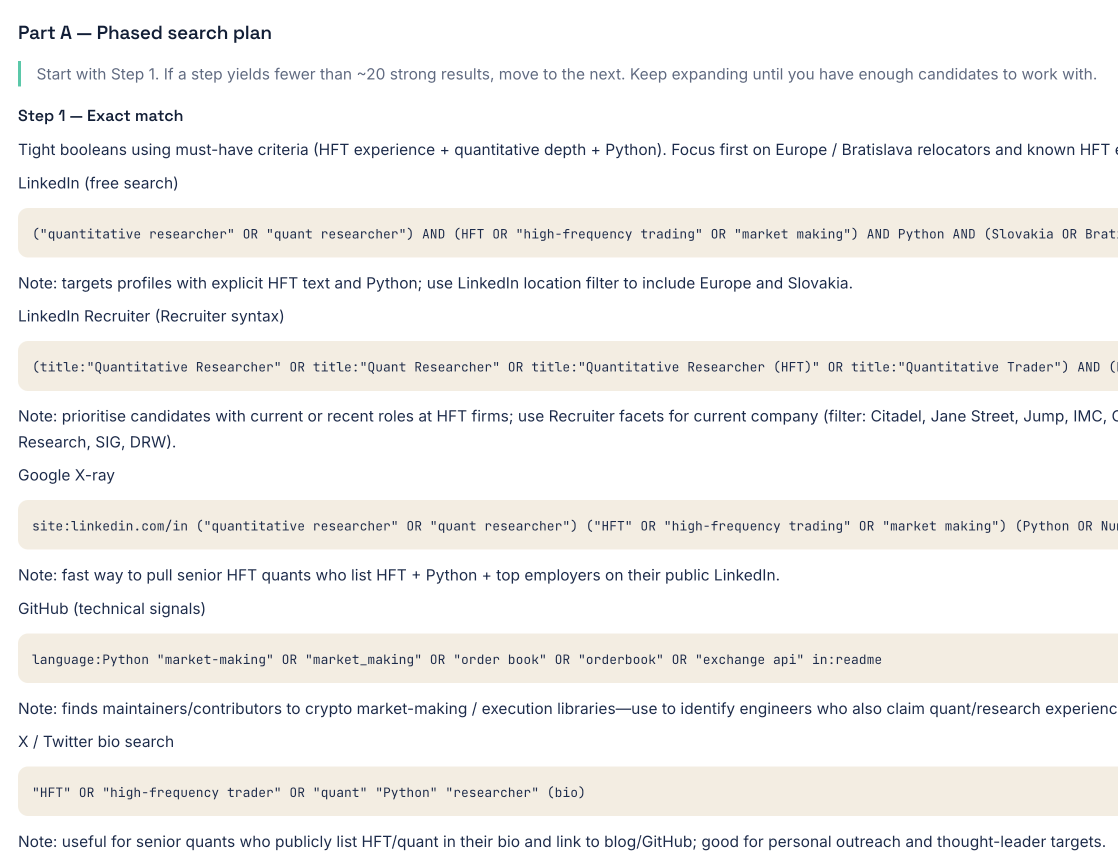 A close-up of a generated Sourcing Plan: a phased search plan starting with an exact-match step, with ready-to-paste boolean strings for LinkedIn, Google/Bing, and X-ray search, then broader phases below.